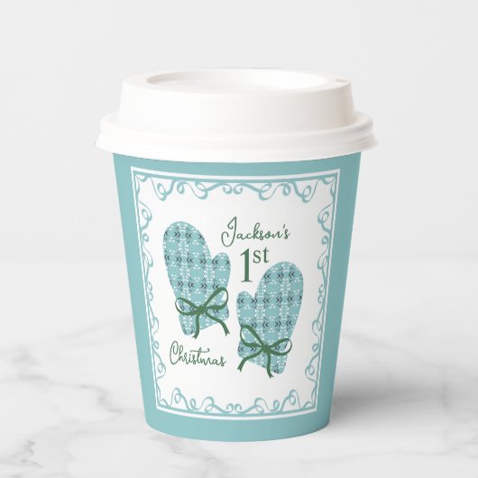 1st Christmas Mittens Green Bow Holiday Paper cup 紙コップ (正面)
