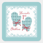 1st Christmas Mittens Red Bow Holiday スクエアシール (正面)