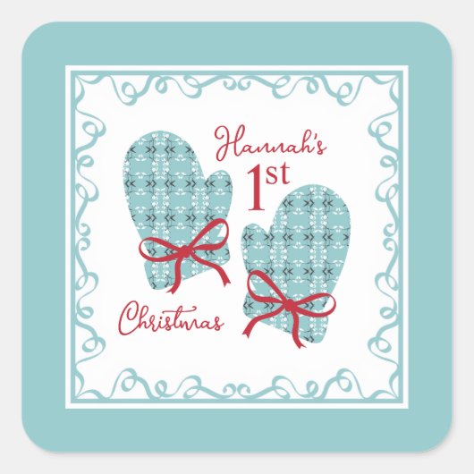 1st Christmas Mittens Red Bow Holiday スクエアシール (正面)