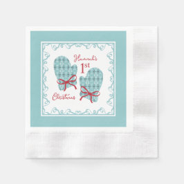 1st Christmas Mittens Red Bow Holiday 縁ありカクテルナプキン