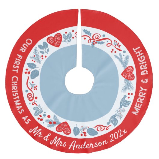 1st Christmas Mr & Mrs newly wed Scandinavian cute ブラッシュドポリエステルツリースカート (正面)