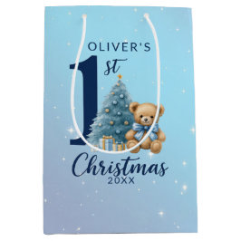 1st Christmas Teddy Bear with Blue Tree ミディアムペーパーバッグ