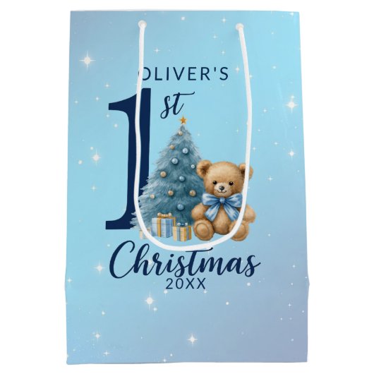 1st Christmas Teddy Bear with Blue Tree ミディアムペーパーバッグ (裏面)