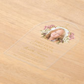 1st Communion Gold Girl Photo Floral Pink Elegant アクリル招待状 (レイダウン)