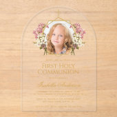 1st Communion Gold Girl Photo Floral Pink Elegant アクリル招待状 (正面)