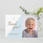1st Communion Thank You Blue モダン Boy Photo サンキューカード (スタンド正面)