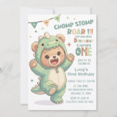 1st Dino 誕生日パーティ | かわいいテディベア恐竜 招待状 (正面)