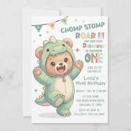 1st Dino Birthday Party | Cute Teddy Bear Dinosaur 招待状