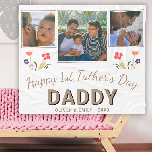 1st Father's Day Daddy Keepsake 3 Photo フリースブランケット