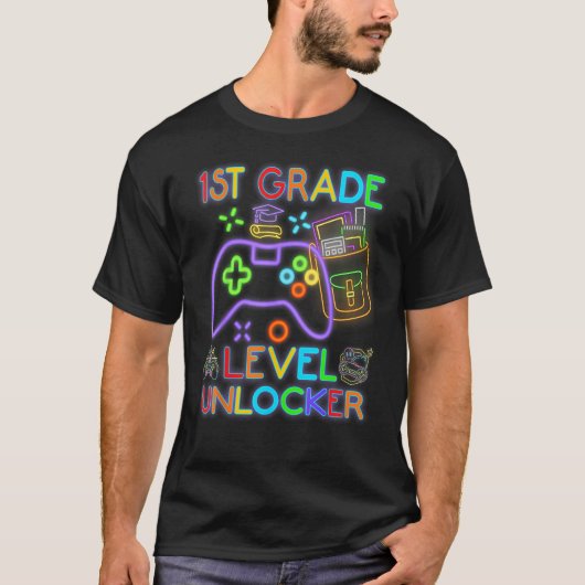 1st Grade Level Unlocked Neon Video Gamer Back to  Tシャツ (正面)
