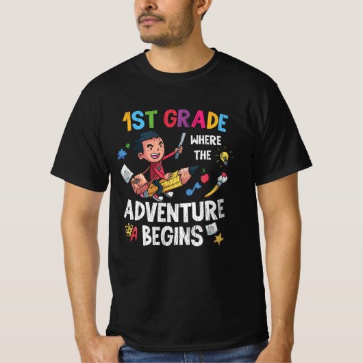 1st Grade Where Adventure Begins バックトゥスクール Tシャツ (正面)