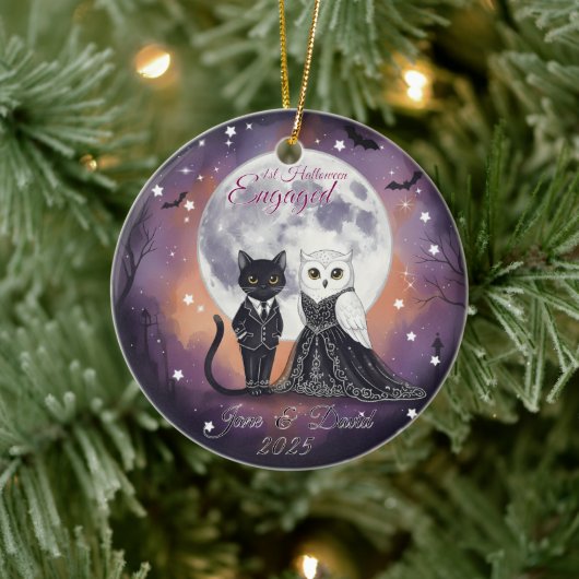 1st Halloween Engaged Cat Owl with Name セラミックオーナメント (ツリー)