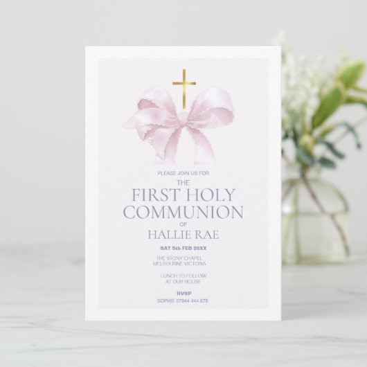 1st Holy Communion Invitation, Modern Pink Bow 招待状 (スタンド正面)