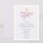 1st Holy Communion Invitation, Modern Pink Bow 招待状 (正面/裏面)