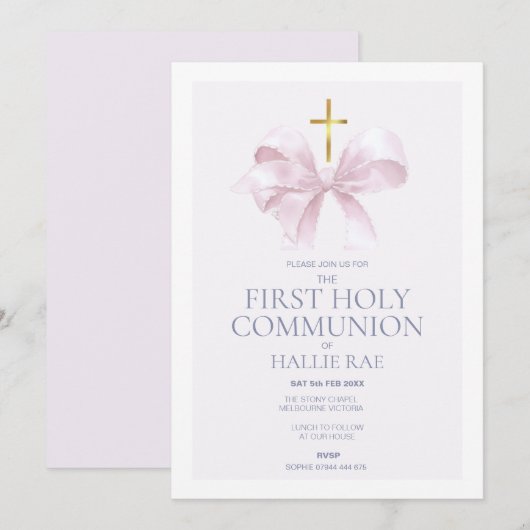 1st Holy Communion Invitation, Modern Pink Bow 招待状 (正面/裏面)