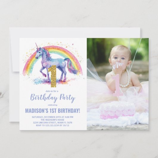 1st Rainbow Unicorn誕生日招待状写真 招待状 (正面)