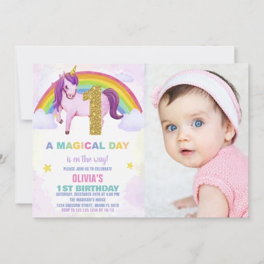 1st Rainbow Unicorn誕生日招待状写真 招待状 (正面)