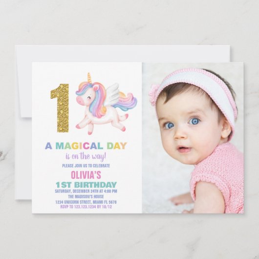 1st Rainbow Unicorn誕生日招待状w photo 招待状 (正面)