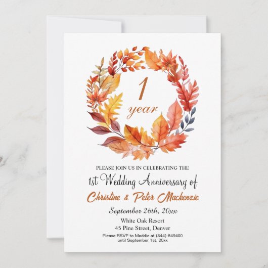 1st Wedding Anniversary Fall Floral Garland 招待状 (正面)