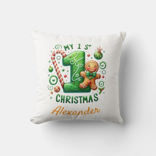 1st Xmas Candy Cane Gingerbread Photo  クッション (正面)