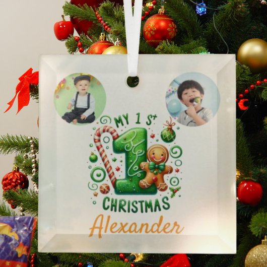 1st Xmas Candy Cane Gingerbread Photo Ornament ガラスオーナメント