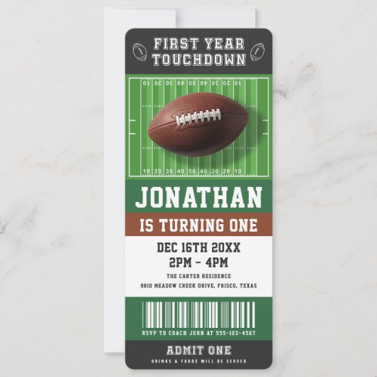 1st Year Touchdown Football Birthday Party Ticket 招待状 (正面)