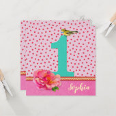 1steバースデーカードピンク – ヴィンテージボヘミアンフラワー カード (正面/裏面インサイチュ)