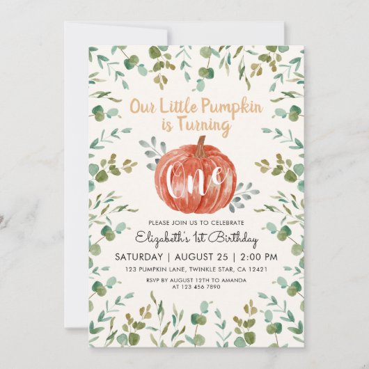 1thバースデーウォーターカラーパンプキン&ユーカリプタス 招待状 (正面)