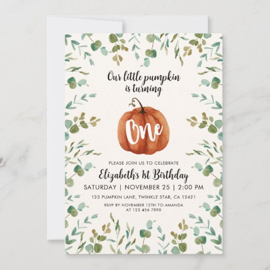 1thバースデーウォーターカラーパンプキン&ユーカリプタス 招待状 (正面)