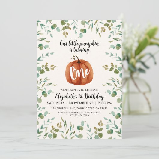 1thバースデーウォーターカラーパンプキン&ユーカリプタス 招待状 (スタンド正面)