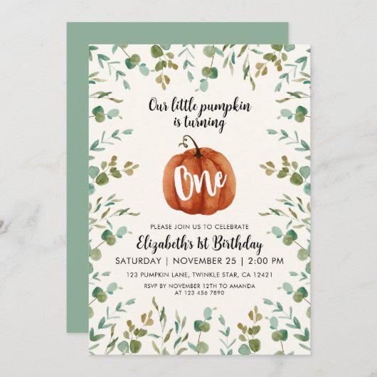 1thバースデーウォーターカラーパンプキン&ユーカリプタス 招待状 (正面/裏面)