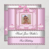 1thバースデーガールピンクカップケーズホワイトパールベビー 招待状 (正面/裏面)