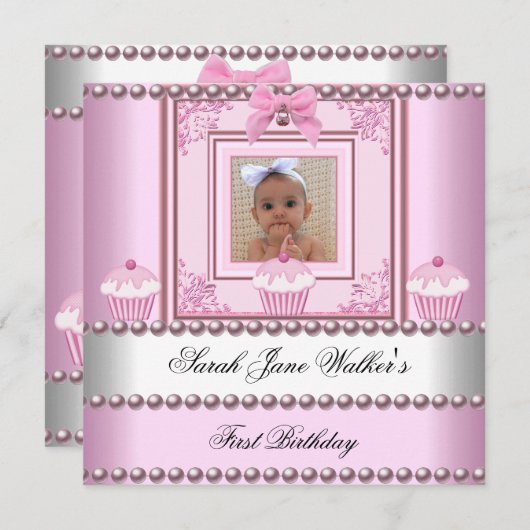 1thバースデーガールピンクカップケーズホワイトパールベビー 招待状 (正面/裏面)