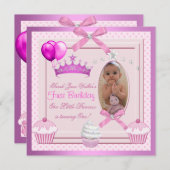 1thバースデーガールピンクカップケーズホワイトパールベビー 招待状 (正面/裏面)