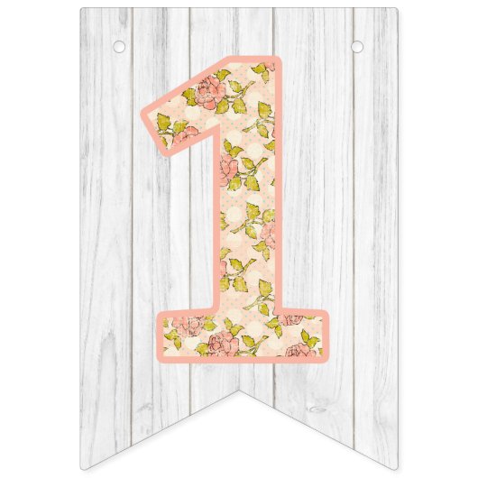 1thバースデーシャビーシックバラ素朴ウッドフローラ バンティングフラッグ (第1の旗)