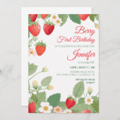 1thバースデーストロベリーテーマベリーファースト誕生日 招待状 (正面/裏面)