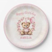 1thバースデーテディベアピンクローズ紙プレート ペーパープレート (正面)