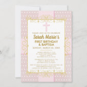 1thバースデーバプティスピンク金ゴールド文字水玉模様 招待状 (正面)