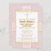 1thバースデーバプティスピンク金ゴールド文字水玉模様 招待状 (正面/裏面)