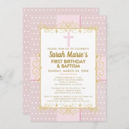 1thバースデーバプティスピンク金ゴールド文字水玉模様 招待状 (正面/裏面)