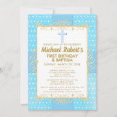 1thバースデーバプティスブルー金ゴールド文字水玉模様 招待状 (正面)