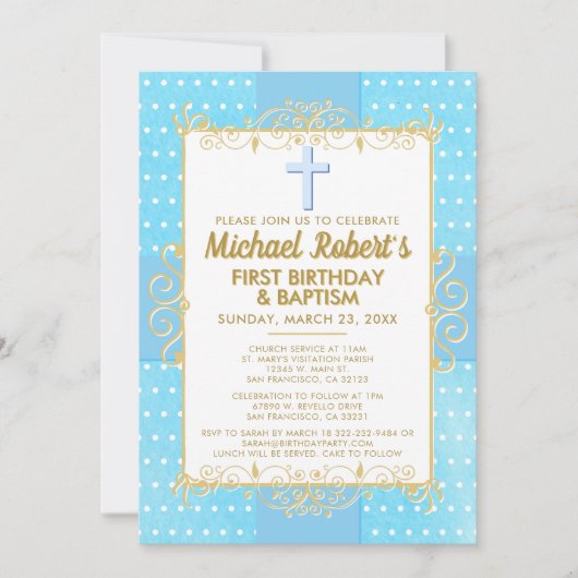 1thバースデーバプティスブルー金ゴールド文字水玉模様 招待状 (正面)