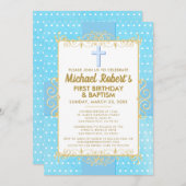 1thバースデーバプティスブルー金ゴールド文字水玉模様 招待状 (正面/裏面)