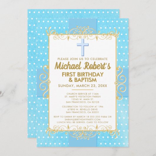 1thバースデーバプティスブルー金ゴールド文字水玉模様 招待状 (正面/裏面)