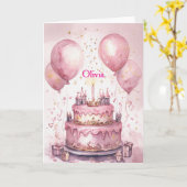 1thバースデーピンクプリンセスキャッスルガール名 カード (黄色い花)