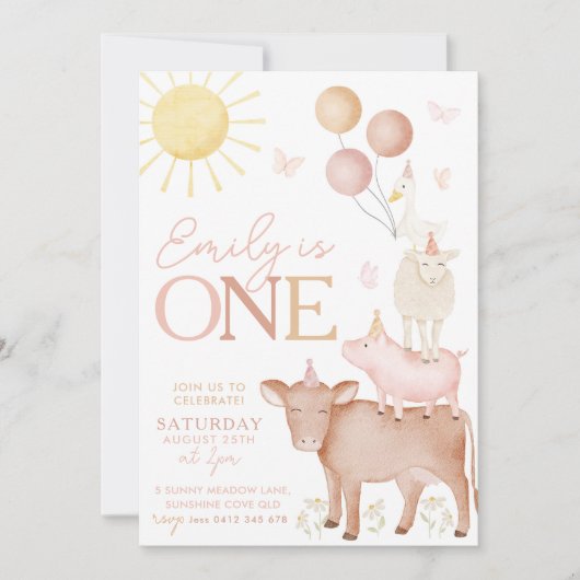 1thバースデーファームアニマルズ納屋周囲の庭パーティーガールズ 招待状 (正面)
