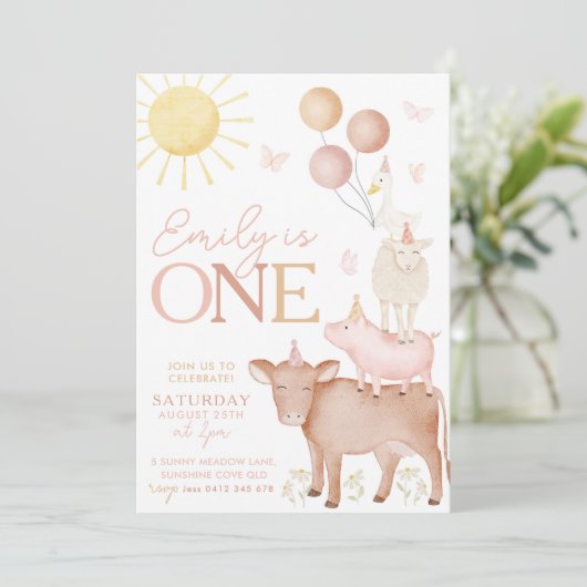 1thバースデーファームアニマルズ納屋周囲の庭パーティーガールズ 招待状 (スタンド正面)