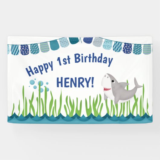 1thバースデーブルーティール（緑がかった色）シャーク海キッドバナー 横断幕 (横)