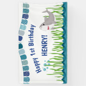 1thバースデーブルーティール（緑がかった色）シャーク海キッドバナー 横断幕 (縦)