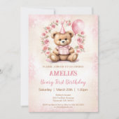 1thバースデーベアーピンクローゼス招待状 招待状 (正面)